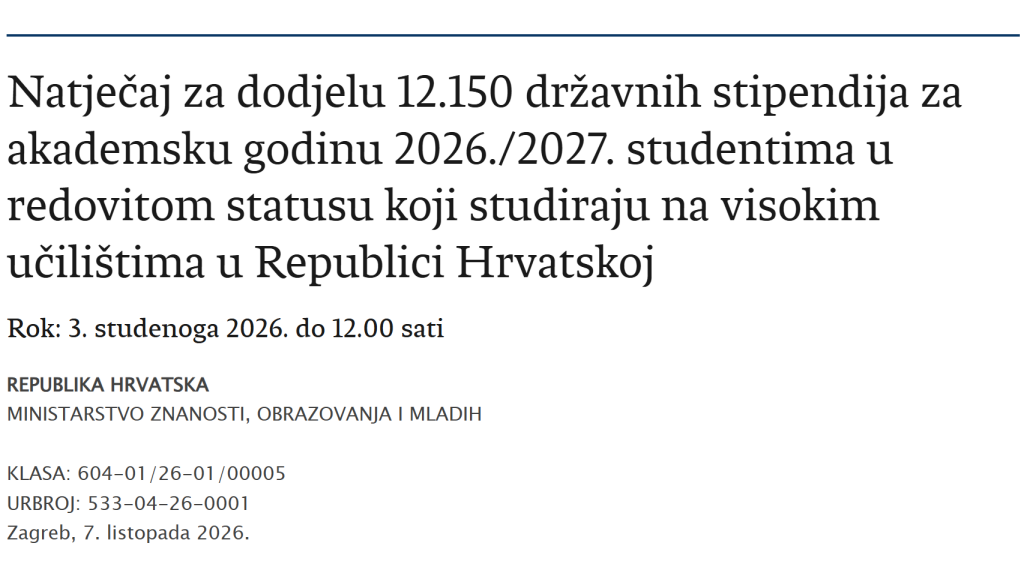 Natječaj za dodjelu 12.150 državnih stipendija za akademsku godinu 2026./2027.